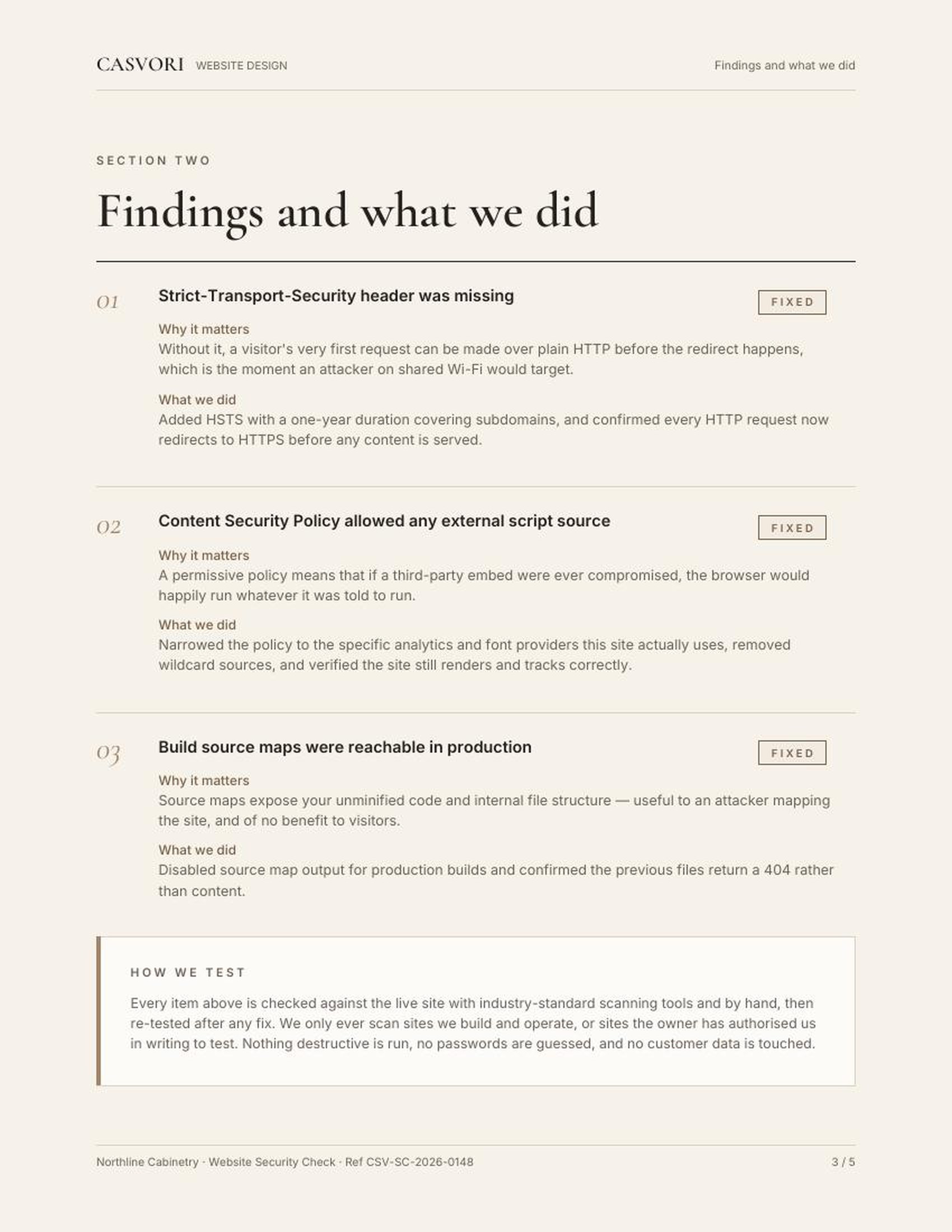 Sample Casvori Security Check report, page 3: Findings — why it matters, what we did
