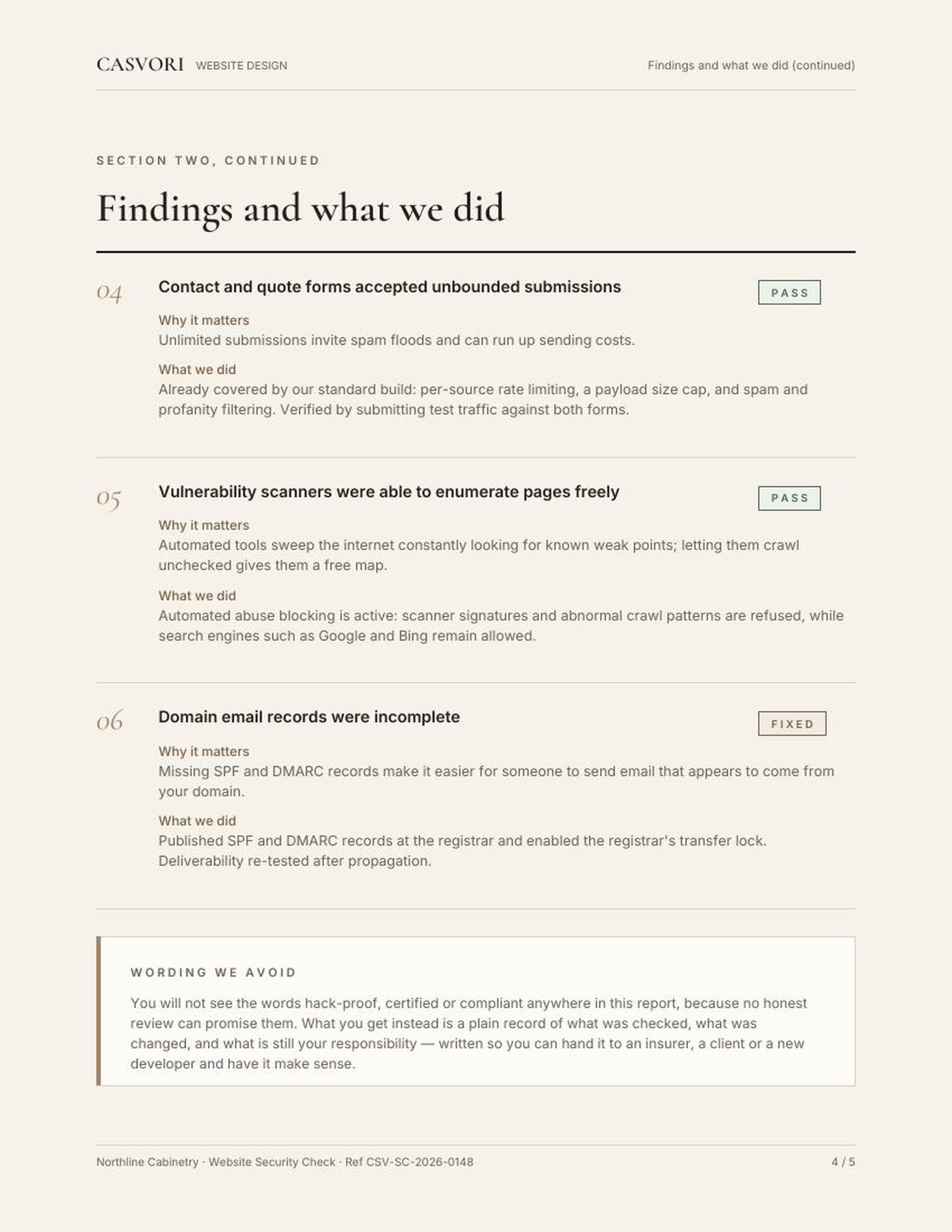 Sample Casvori Security Check report, page 4: Findings, continued