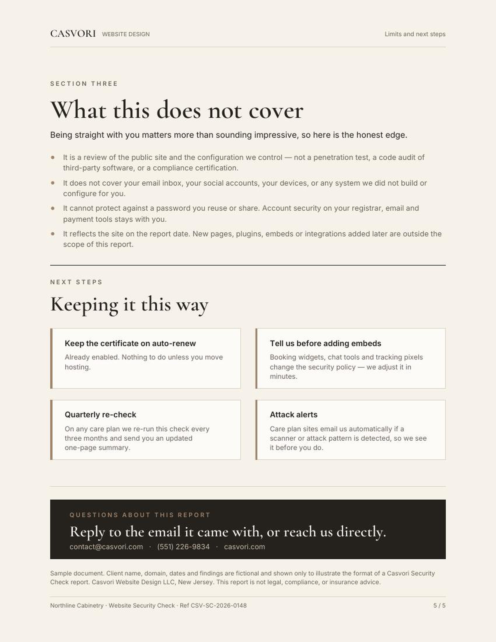 Sample Casvori Security Check report, page 5: Limits and next steps