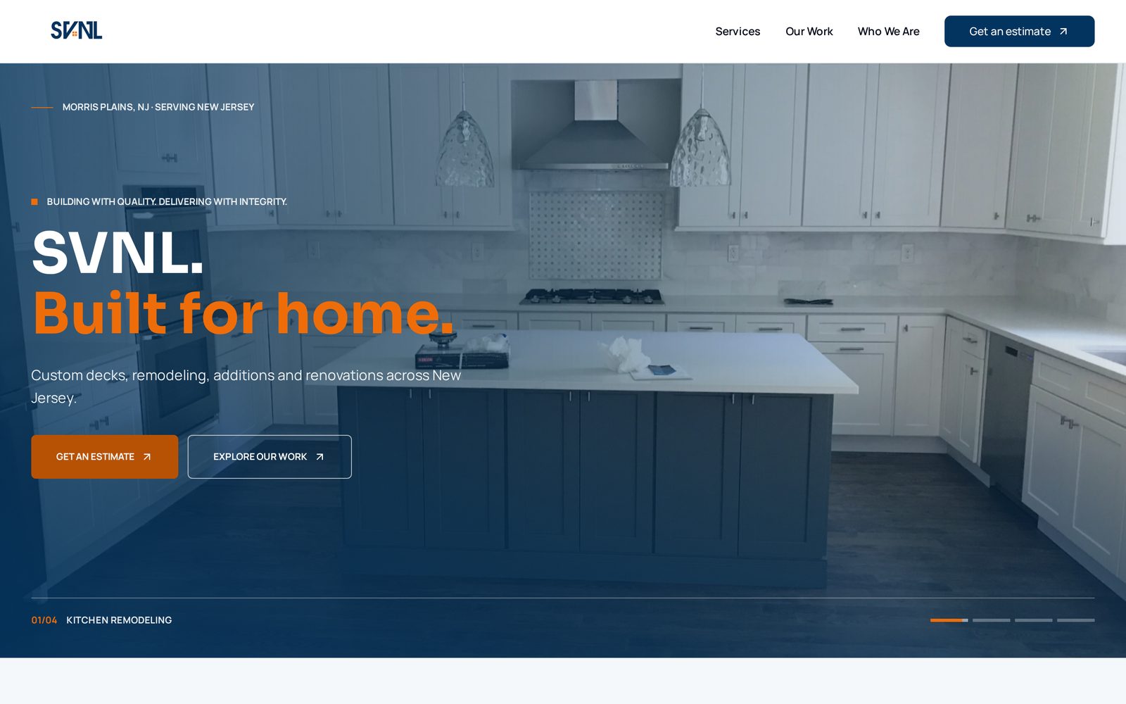 SVNL Construction website homepage — bold navy and orange headline over a kitchen remodel photo